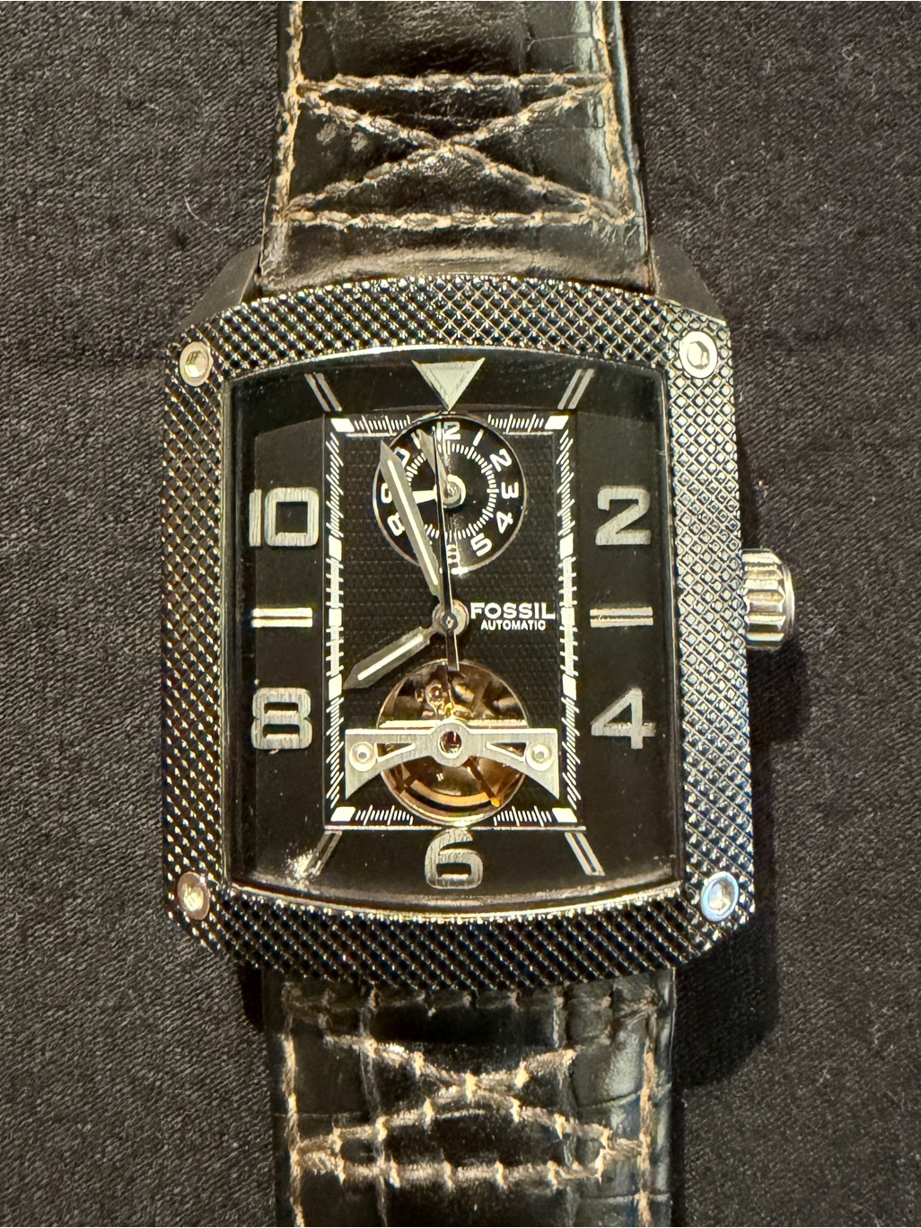 Fossil Me3012 Automatic Mens Black Dual Time Watch Running
